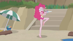 Size: 3410x1920 | Tagged: safe, derpibooru import, screencap, pinkie pie, better together, equestria girls, too hot to handle, barefoot, beach, clothes, feet, female, geode of sugar bombs, high res, hotfoot, jewelry, magical geodes, necklace, one-piece swimsuit, open mouth, pinkie pie swimsuit, sleeveless, solo, swimsuit