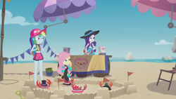 Size: 3410x1920 | Tagged: safe, derpibooru import, screencap, fluttershy, rainbow dash, rarity, crab, better together, equestria girls, too hot to handle, beach, clothes, female, geode of fauna, geode of shielding, geode of super speed, high res, jewelry, magical geodes, necklace, one eye closed, open mouth, sandals, sleeveless, swimsuit, wetsuit