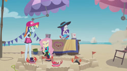 Size: 3410x1920 | Tagged: safe, derpibooru import, screencap, fluttershy, rainbow dash, rarity, crab, better together, equestria girls, too hot to handle, beach, clothes, eyes closed, female, geode of fauna, geode of shielding, geode of super speed, high res, jewelry, magical geodes, necklace, one eye closed, open mouth, sandals, sleeveless, swimsuit, wetsuit