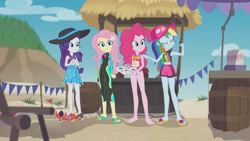 Size: 3410x1920 | Tagged: safe, derpibooru import, screencap, fluttershy, pinkie pie, rainbow dash, rarity, crab, better together, equestria girls, too hot to handle, barefoot, beach, belly button, cap, clothes, eyes closed, feet, female, geode of fauna, geode of shielding, geode of sugar bombs, geode of super speed, hairpin, hat, high res, magical geodes, one-piece swimsuit, sandals, sleeveless, smiling, swimsuit, wetsuit