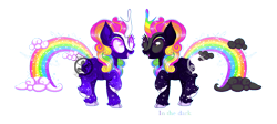 Size: 1193x534 | Tagged: safe, artist:keeka-snake, derpibooru import, oc, hybrid, pony, cloud, colored horn, eyeshadow, fangs, female, horn, interspecies offspring, magical threesome spawn, makeup, mare, multicolored hair, neon, offspring, open mouth, parent:autumn blaze, parent:rainbow dash, parent:tantabus, rainbow, rainbow hair, rainbow horn, rainbow tail, raised hoof, raised leg, sequins, simple background, solo, tail, transparent background, white hooves