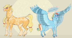 Size: 1920x1018 | Tagged: safe, artist:glorymoon, derpibooru import, applejack, rainbow dash, earth pony, pegasus, pony, alternate design, appledash, blushing, coat markings, female, large wings, lesbian, misspelling, shipping, spread wings, wings