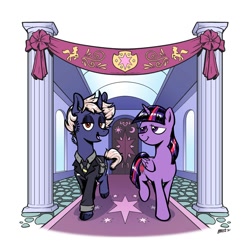 Size: 2000x2000 | Tagged: safe, artist:mellodillo, derpibooru import, twilight sparkle, twilight sparkle (alicorn), oc, oc:lightning shroud, alicorn, pony, unicorn, clothes, cloven hooves, curved horn, duo, earpiece, female, horn, jacket, mare, necktie, solo, unshorn fetlocks