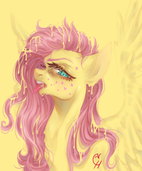 Size: 2878x3467 | Tagged: safe, artist:coconuthound, derpibooru import, fluttershy, pegasus, pony, alternative cutie mark placement, bust, dripping, facial cutie mark, female, high res, looking at you, mare, messy mane, open mouth, portrait, profile, simple background, solo, spread wings, tongue, tongue out, wings, yellow background