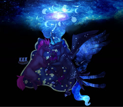 Size: 1280x1110 | Tagged: safe, artist:glorymoon, derpibooru import, princess luna, tempest shadow, alicorn, pony, unicorn, curved horn, female, horn, lesbian, magic, mare, shipping, starry wings, story included, tempestluna, wings