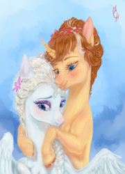 Size: 413x573 | Tagged: safe, artist:coconuthound, derpibooru import, pegasus, pony, unicorn, anna (frozen), braid, curved horn, duo, elsa, female, flower, flower in hair, frozen (movie), horn, hug, ponified, siblings, sisters