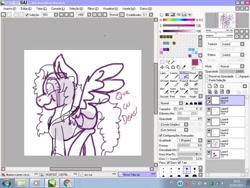 Size: 640x480 | Tagged: safe, artist:millefaller, derpibooru import, oc, oc only, pegasus, pony, clothes, female, lineart, mare, paint tool sai, pegasus oc, photo, picture of a screen, smiling, solo, windows, windows 7, wings, wip