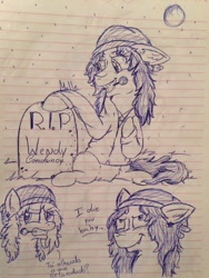 Size: 720x960 | Tagged: safe, artist:millefaller, derpibooru import, oc, oc only, earth pony, pony, angry, beanie, bust, clothes, earth pony oc, female, full moon, gravestone, gritted teeth, hat, lineart, lined paper, mare, moon, smiling, smirk, traditional art