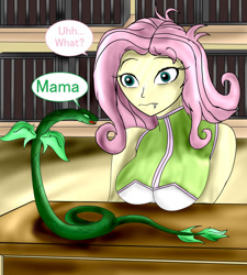 Size: 1357x1505 | Tagged: safe, artist:foxgearstudios, derpibooru import, fluttershy, oc, snake, equestria girls, book, breasts, bust, clothes, confused, dialogue, fangs, female, hootershy, indoors, speech bubble, wide eyes