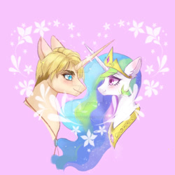 Size: 1280x1280 | Tagged: safe, artist:shu-jeantte, derpibooru import, princess celestia, pony, attack on titan, blushing, crossover, crossover shipping, deviantart watermark, erwin smith, female, horn, horns are touching, looking at each other, male, obtrusive watermark, pink background, ponified, shipping, simple background, straight, watermark