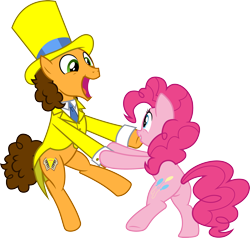 Size: 3154x3000 | Tagged: safe, artist:cloudyglow, derpibooru import, cheese sandwich, pinkie pie, earth pony, pony, the last laugh, clothes, duo, female, hat, male, open mouth, simple background, top hat, transparent background, vector