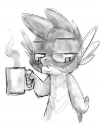 Size: 1280x1630 | Tagged: safe, artist:talonsofwater, derpibooru import, spike, dragon, coffee, male, monochrome, simple background, sketch, solo, unamused, white background