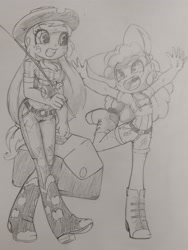 Size: 2604x3469 | Tagged: safe, artist:shadowhawx, derpibooru import, apple bloom, applejack, equestria girls, cooler, fishing rod, grin, happy, smiling, traditional art