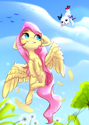 Size: 1000x1400 | Tagged: safe, artist:thatdreamerarts, derpibooru import, angel bunny, fluttershy, bird, butterfly, pegasus, pony, rabbit, adorable face, animal, chest fluff, cloud, colored hooves, cute, cutie mark, dandelion, duo, ear fluff, ears, feather, female, floppy ears, flying, looking at someone, looking up, mare, outdoors, shyabetes, smiling, spread wings, tree, wings
