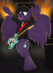 Size: 2546x3520 | Tagged: safe, artist:kamithepony, derpibooru import, oc, oc only, oc:firesale, pegasus, pony, collar, electric guitar, fangs, guitar, guitar amp, jewelry, musical instrument, musician, piercing, rock (music), solo, stage, tattoo