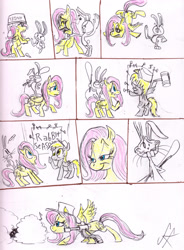 Size: 2099x2858 | Tagged: safe, artist:devilkais, derpibooru import, angel bunny, derpy hooves, fluttershy, pegasus, pony, rabbit, abuse, angel is a bunny bastard, animal, bipedal, choking, comic, female, flutterbuse, kick in the butt, male, mare, payback, riding, traditional art, whip