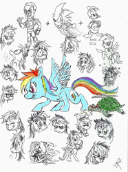 Size: 900x1209 | Tagged: safe, artist:devilkais, derpibooru import, rainbow dash, pegasus, pony, turtle, bipedal, donald duck, face down ass up, female, food, mare, pizza, sonic the hedgehog, sonic the hedgehog (series), traditional art