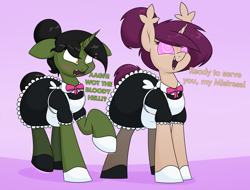 Size: 3000x2281 | Tagged: safe, artist:moonatik, derpibooru import, oc, oc only, oc:grim fate, oc:timetable, bat pony, pony, unicorn, abstract background, apron, bat pony oc, blushing, bowtie, clothes, dress, fangs, female, gloves, hair bun, horn, hybrid oc, hypnosis, hypnotized, maid, mare, open mouth, open smile, raised hoof, raised leg, shoes, smiling, surprised, swirly eyes, tail, tail bun, tights, unicorn oc