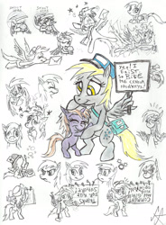 Size: 1602x2174 | Tagged: safe, artist:devilkais, derpibooru import, derpy hooves, dinky hooves, pegasus, pony, bipedal, blowing bubbles, bubble, butt, eating, electrocution, female, filly, food, hat, letter, mare, muffin, nail, plot, traditional art