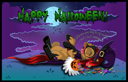 Size: 1024x661 | Tagged: safe, artist:crimson-mane, derpibooru import, oc, oc only, oc:tyra, pegasus, pony, ants, candy, clothes, costume, eyes closed, female, food, halloween, hat, holiday, lying down, on back, tongue, tongue out, watermark, witch costume, witch hat