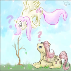 Size: 605x606 | Tagged: safe, artist:furball891, derpibooru import, butterscotch, fluttershy, pegasus, pony, duality, duo, female, flying, folded wings, looking at each other, looking at someone, looking down, looking up, lying down, mare, prone, question mark, r63 paradox, rule 63, self paradox, spread wings, wings