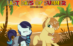 Size: 2064x1320 | Tagged: safe, anonymous artist, derpibooru import, coloratura, feather bangs, earth pony, 2021, beach, colorabangs, female, friendship, male, ocean, one eye closed, palm tree, september, shipping, smiling, straight, summer, sunset, tree, wink, youtube link in the description