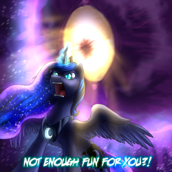 Size: 2000x2000 | Tagged: safe, artist:not-ordinary-pony, derpibooru exclusive, derpibooru import, princess luna, angry, canterlock, crossover, hellstar remina, solo, text, this will end in death