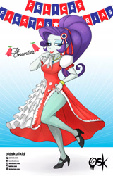Size: 1386x2164 | Tagged: safe, artist:oldskullkid, derpibooru import, rarity, equestria girls, bedroom eyes, chile, choker, clothes, dress, eyeshadow, female, flamenco dress, latin american, legs, lipstick, looking at you, makeup, pantyhose, ponytail, ribbon, shoes, solo, stockings, thigh highs