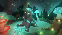Size: 3840x2160 | Tagged: safe, artist:cocaine, derpibooru import, changeling, commission, confused, forest, moss, mushroom, tree, waking up
