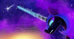 Size: 3192x1694 | Tagged: safe, artist:scarletextreme, derpibooru import, nightmare moon, alicorn, pony, blue mane, bust, cloud, colored pupils, ethereal mane, eyelashes, female, flowing mane, frown, glowing, glowing horn, green eyes, gritted teeth, helmet, high res, horn, long horn, magic, magic aura, mare, sky, solo, starry mane, stars, sunlight, teeth