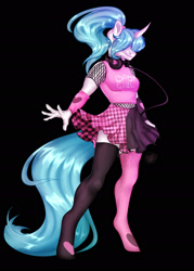 Size: 1280x1784 | Tagged: safe, artist:copshop, derpibooru import, oc, oc only, oc:nichole, anthro, unguligrade anthro, unicorn, anthro oc, black background, clothes, female, fishnet clothing, hair over eyes, headphones, horn, mare, midriff, not sonata dusk, shirt, simple background, skirt, sock, solo, stockings, tanktop, thigh highs, unicorn oc