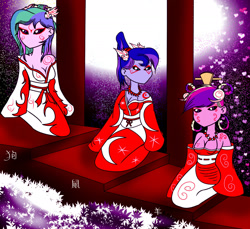 Size: 1862x1709 | Tagged: safe, artist:foxgearstudios, derpibooru import, princess cadance, princess celestia, princess luna, equestria girls, abstract background, amaterasu, black sclera, breasts, cleavage, clothes, female, kasugami, kimono (clothing), kneeling, okami, tachigami, tattoo