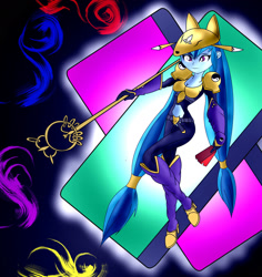 Size: 1700x1800 | Tagged: safe, artist:foxgearstudios, derpibooru import, sonata dusk, equestria girls, abstract background, clothes, crossover, digimon, female, fusion, sakuyamon, smiling, solo, trident