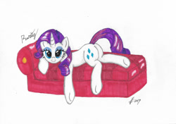 Size: 1280x902 | Tagged: safe, artist:lennondash, derpibooru import, rarity, pony, unicorn, bedroom eyes, butt, fainting couch, female, looking at you, lying down, mare, rearity, seductive, seductive pose, simple background, traditional art, white background