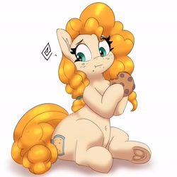 Size: 3329x3312 | Tagged: safe, artist:pabbley, pear butter, earth pony, pony, belly button, butt, clothes, cookie, eating, female, food, freckles, frog (hoof), holding, looking down, mare, plot, simple background, sitting, solo, underhoof, underwear, white background