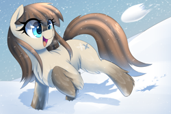 Size: 3000x2000 | Tagged: safe, artist:thebatfang, oc, oc only, oc:frosty flakes, earth pony, pony, /mlp/, bipedal, chest fluff, cute, earth pony oc, female, fluffy, happy, high res, leg fluff, mare, ocbetes, open mouth, open smile, raised hoof, raised leg, smiling, snow, snowball, snowfall, snowpony (species), solo, taiga pony, yakutian horse