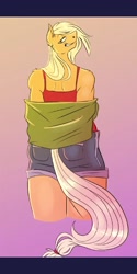 Size: 1080x2160 | Tagged: safe, artist:unfinishedheckery, derpibooru import, applejack, anthro, earth pony, ass, butt, clothes, digital art, female, looking at you, looking back, looking back at you, shirt, shorts, simple background, smiling, smiling at you, solo, tail, thighs, undressing