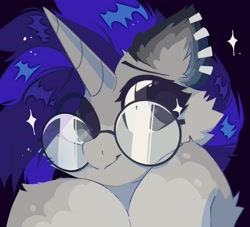 Size: 2048x1862 | Tagged: safe, artist:mirtash, derpibooru import, oc, oc only, pony, unicorn, cheek fluff, ear fluff, ear piercing, ears, glasses, piercing, solo, sparkles