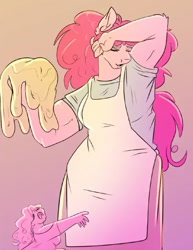 Size: 973x1263 | Tagged: safe, artist:unfinishedheckery, derpibooru import, pinkie pie, anthro, earth pony, human, apron, clothes, digital art, eyes closed, female, milf, open mouth, shirt, simple background, solo, tail, thighs