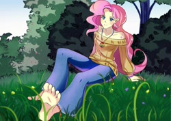 Size: 2200x1556 | Tagged: safe, artist:xmonstergirlshideout, derpibooru import, fluttershy, human, barefoot, feet, female, hippieshy, humanized, jewelry, necklace, peace symbol, sitting, smiling, solo