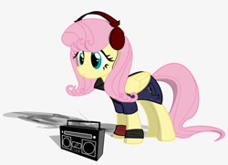 Size: 820x594 | Tagged: safe, derpibooru import, fluttershy, pegasus, pony, boombox, clothes, female, headphones, leg warmers, mare, simple background, smiling, solo, white background