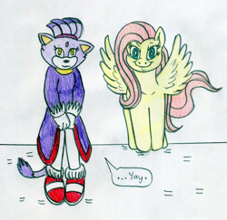 Size: 1280x1242 | Tagged: safe, artist:jose-ramiro, derpibooru import, fluttershy, anthro, pegasus, pony, blaze the cat, looking at you, personality swap, sonic the hedgehog (series), spread wings, traditional art, wings, yay