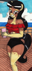 Size: 1664x3667 | Tagged: safe, artist:newyorkx3, derpibooru import, edit, oc, oc only, oc:crystal, anthro, earth pony, anthro oc, beach, breasts, cleavage, clothes, cropped, drink, female, grin, looking at you, mare, off shoulder, sand, smiling, smiling at you, solo, swimsuit, traditional art