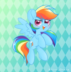 Size: 2600x2620 | Tagged: safe, artist:ninnydraws, derpibooru import, rainbow dash, pegasus, pony, flying, looking at you, open mouth, smiling, solo, spread wings, wings