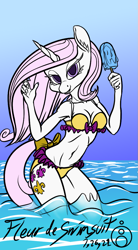 Size: 585x1058 | Tagged: safe, artist:sepiakeys, derpibooru import, fleur-de-lis, anthro, bikini, clothes, food, popsicle, solo, swimsuit, water