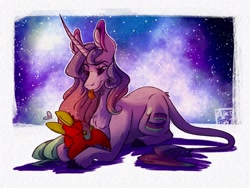 Size: 2048x1536 | Tagged: safe, artist:artfestation, derpibooru import, oc, oc only, bat, fruit bat, pony, unicorn, :p, duo, female, leonine tail, lying down, mare, prone, signature, stars, tongue, tongue out