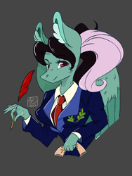 Size: 1536x2048 | Tagged: safe, artist:artfestation, derpibooru import, oc, oc only, anthro, pegasus, clothes, dark background, ear fluff, ears, female, mare, necktie, pegasus oc, quill, scroll, signature, suit, two toned wings, wings