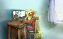 Size: 1600x998 | Tagged: safe, artist:penrosa, derpibooru import, oc, oc only, pegasus, pony, unicorn, chair, computer, drawing, glowing horn, horn, indoors, magic, pegasus oc, recursion, sitting, stylus, telekinesis, unicorn oc, wings