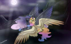 Size: 1600x998 | Tagged: safe, artist:penrosa, derpibooru import, oc, oc only, alicorn, pony, alicorn oc, female, hoof shoes, horn, lesbian, mare, night, nuzzling, oc x oc, outdoors, peytral, shipping, signature, stars, wings