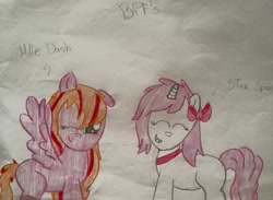 Size: 960x702 | Tagged: safe, artist:millefaller, derpibooru import, oc, oc only, pegasus, pony, unicorn, bow, choker, duo, eyes closed, grin, hair bow, horn, one eye closed, pegasus oc, smiling, traditional art, unicorn oc, wings, wink